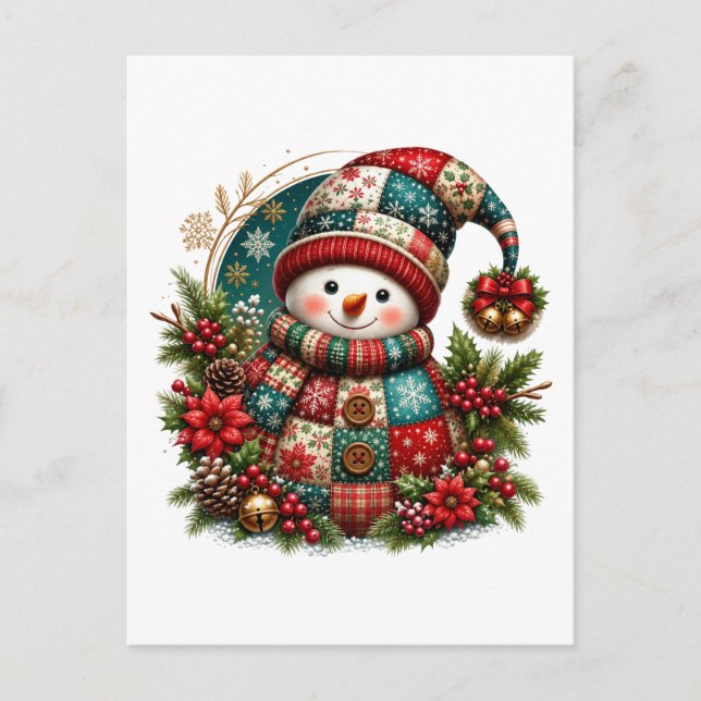 Cartão Postal De Convite Boneco de Neve de Patchwork de Natal (Frente)