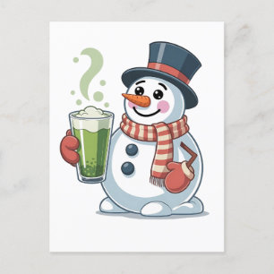 Cartão Postal De Convite Boneco de Neve Segurando Bebida de Matcha Amantes 