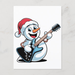 Cartão Postal De Convite Boneco de Neve Tocando Guitarra Elétrica Santa Nat