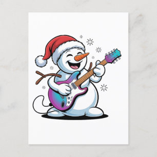 Cartão Postal De Convite Boneco de Neve Tocando Guitarra Rock de Natal Elét