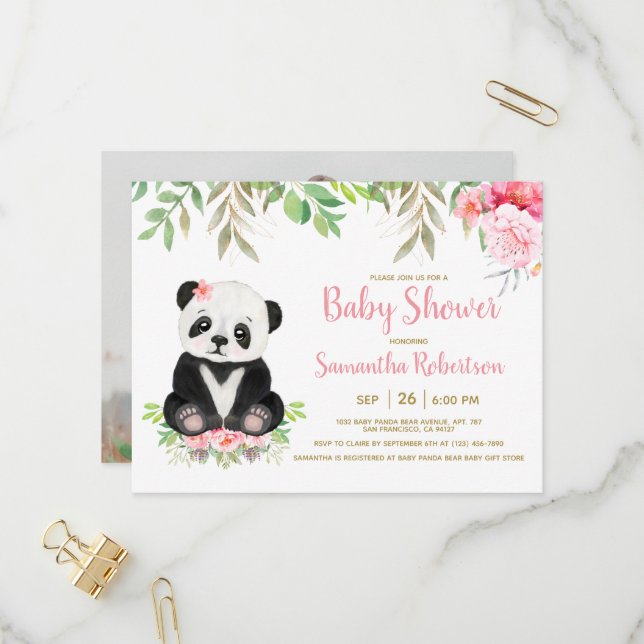 Cartão Postal De Convite Bonita Ursa Cinzenta Foto De Chá de fraldas Floral (Frente/Verso In Situ)