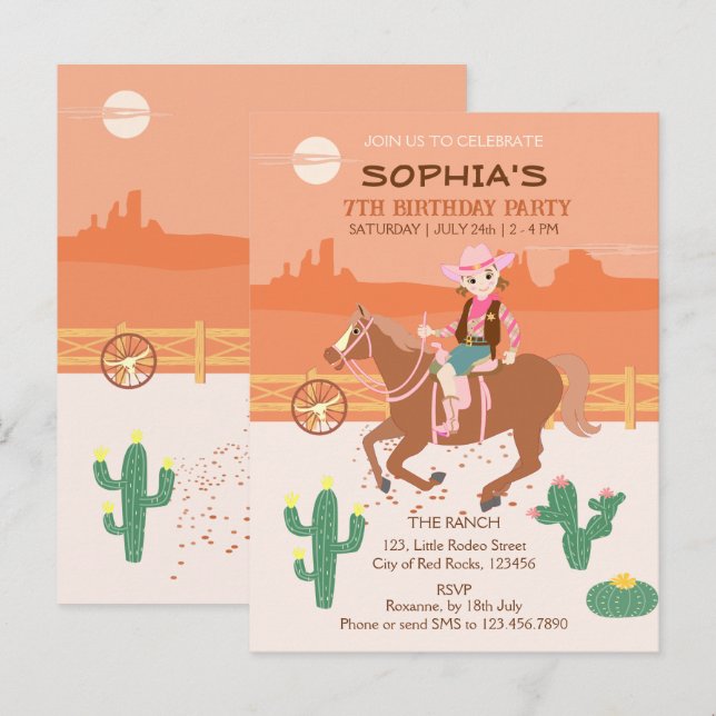 Cartão Postal De Convite Bonito Cowgirl e Festa de aniversário (Frente/Verso)