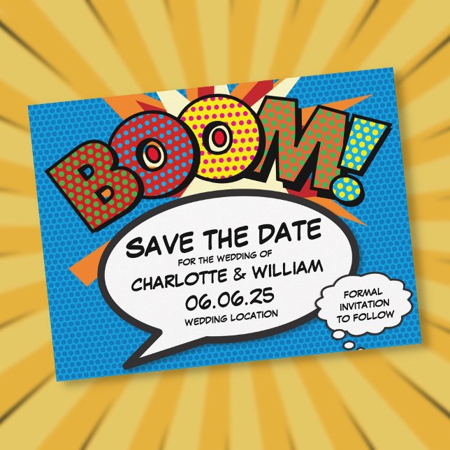 Cartão Postal De Convite BOOM Salve a Data Divertido Moderno (BOOM Save the Date Fun Modern Invitation Postcard)