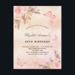 Cartão Postal De Convite Borboleta-de-aniversário pampas-de-relva-blush boh<br><div class="desc">Um fundo rosa dourado, rosado, rosado e roxo, com aspecto metálico. Decorados com ouro rosa e flores, rosas, erva-pampas e borboletas cor-de-rosa. Personalize e adicione um nome e detalhes da parte. Dica: Se você não quiser que pareça um cartão postal, clique em personalizar, vá para o verso e remova o...</div>