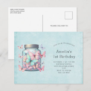 Cartão Postal De Convite Borboletas Caprichosas em um Jarro de Aniversário
