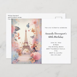 Cartão Postal De Convite Borboletas e flores em torre Eiffel Aniversário