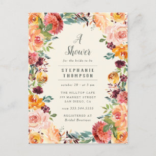 Cartão Postal De Convite Borgonha & cora chá de panela floral cor-de-rosa