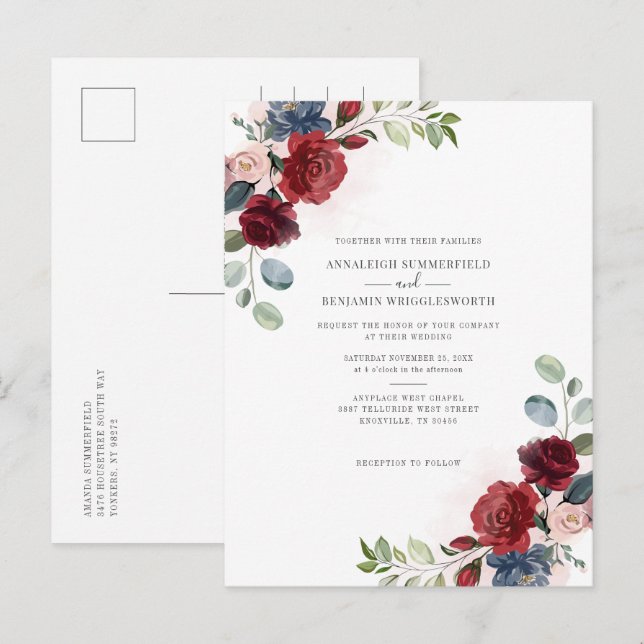 Cartão Postal De Convite Borgonha Floral Botânica Molereca Verde (Frente/Verso)