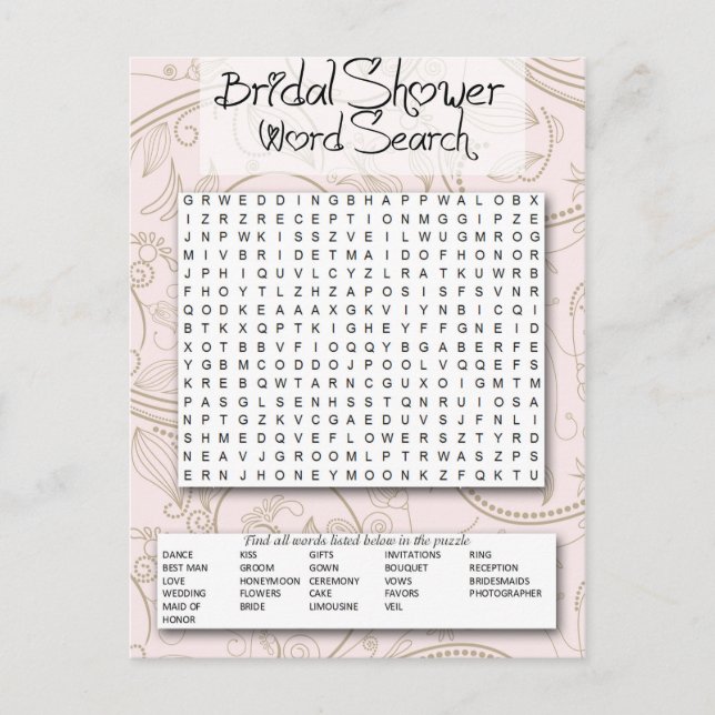 Cartão Postal De Convite Bridal Shower game, Word SEarch (Frente)