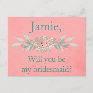 Cartão Postal De Convite Bridesmaid convida cor-de-rosa e verde