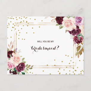 Cartão Postal De Convite Bridesmaid Floral Verde da Brilhante Dourada