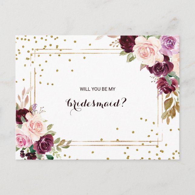 Cartão Postal De Convite Bridesmaid Floral Verde da Brilhante Dourada (Frente)