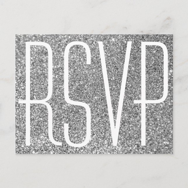 Cartão Postal De Convite Brilho Prateado e RSVP Branco (Frente)