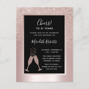 Cartão Postal De Convite Brinde de Champanhe com Glitter Rosado para Aniver