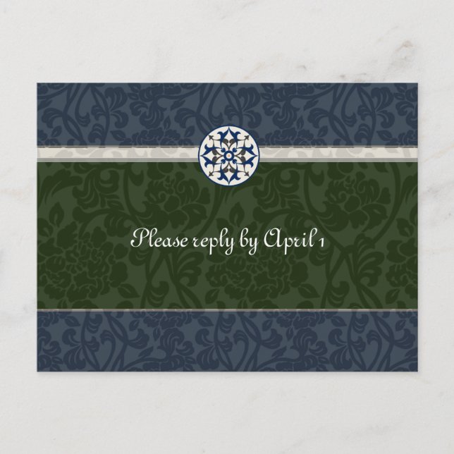 Cartão Postal De Convite Brocade medieval verde e azul (Frente)