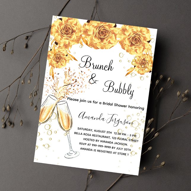 Cartão Postal De Convite Brunch Bubbles Chá de panela dourado bubbles elega (Criador carregado)