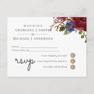 Cartão Postal De Convite Buquê Burgundy Blue Pink WEDDING RSVP