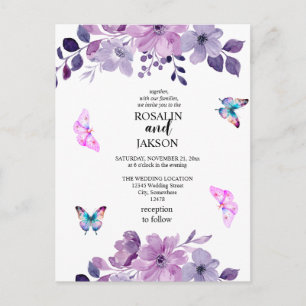 Cartão Postal De Convite Buquê de flores roxas em aquarela
