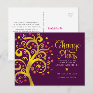 Cartão Postal De Convite Burgundy Bar Mitzvah Muda Planos Árvore Dourada da
