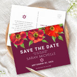 Cartão Postal De Convite Burgundy Bat Mitzvah Save Date Floral Watercolor<br><div class="desc">Certifique-se de que todos os seus amigos e parentes serão capazes de celebrar o marco da sua filha Bat Mitzvah! Mande esta aquarela floral vermelha, chique e atordoante com serifa san moderno contra um pano de fundo, personalizado cartão postal de anúncio "Salvar a Data". Personalize o texto personalizado com o...</div>
