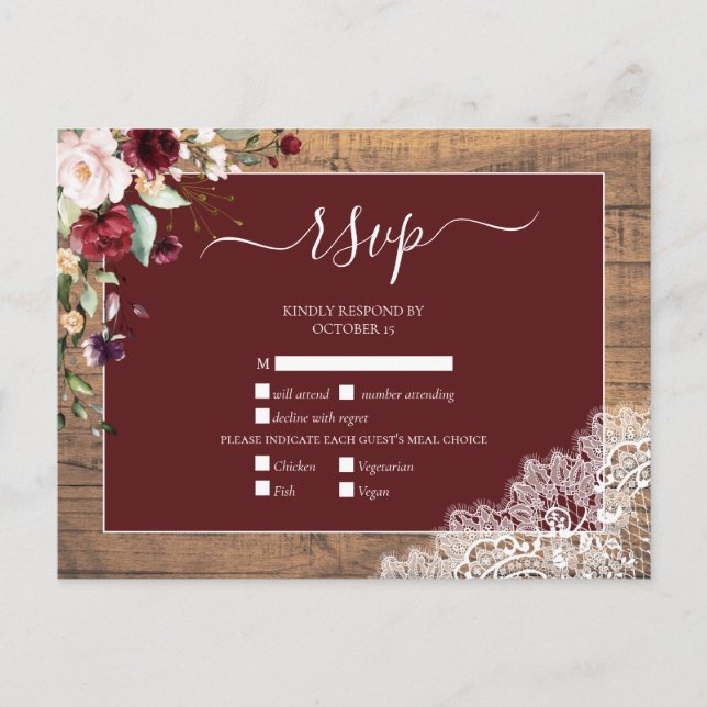 Cartão Postal De Convite Burgundy Blush Botanical Lace Wood Casamento RSVP (Frente)