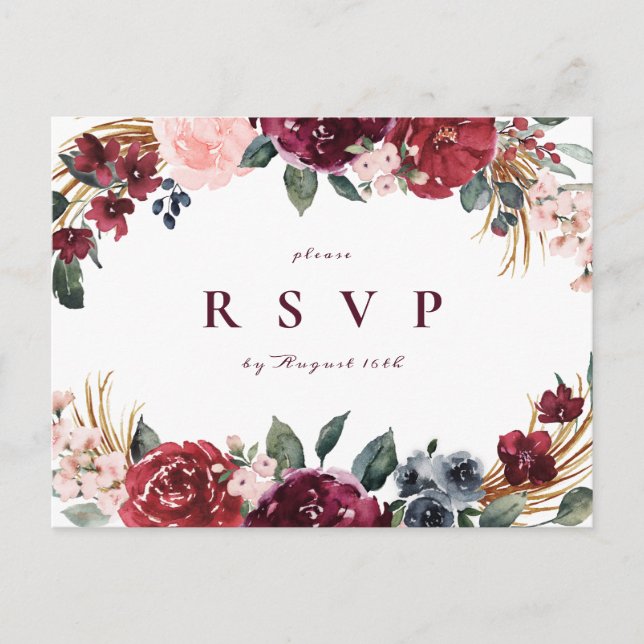 Cartão Postal De Convite Burgundy boho floral RSVP (Frente)