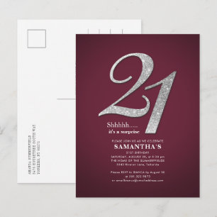 Cartão Postal De Convite Burgundy do Partido aniversário de 21 anos do Silv