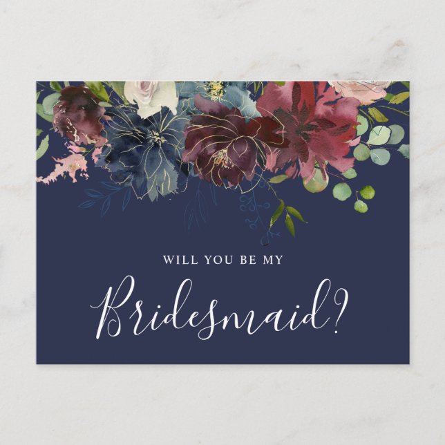 Cartão Postal De Convite Burgundy e Blue Floral serão minhas madrinhas (Frente)