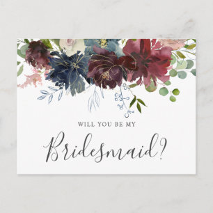 Cartão Postal De Convite Burgundy e Blue Floral serão minhas madrinhas