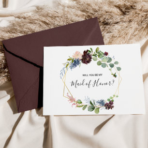 Cartão Postal De Convite Burgundy Floral e Madrinha de casamento Verde