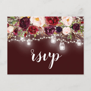 Cartão Postal De Convite Burgundy Floral Mason Jar String Lights RSVP