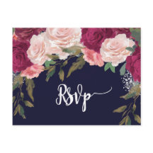 burgundy florals casamento rsvp marinho postal