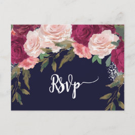 Cartão Postal De Convite burgundy florals casamento rsvp marinho postal