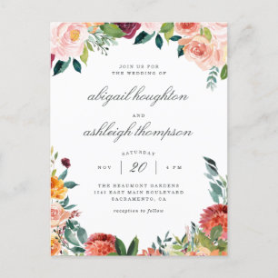 Cartão Postal De Convite Burgundy Marsala Blush Floral Rosa Casamento Rosa