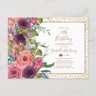 Cartão Postal De Convite Burgundy Rosa Floral Dourado Brilho 50º Aniversári