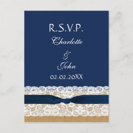 Cartão Postal De Convite Burlap e lace FAUX,RSVP de fita azul marinho