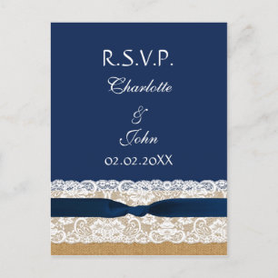 Cartão Postal De Convite Burlap e lace FAUX,RSVP de fita azul marinho