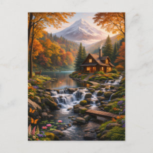Cartão Postal De Convite Cabana na Montanha em Brilho de Outono Natureza Se