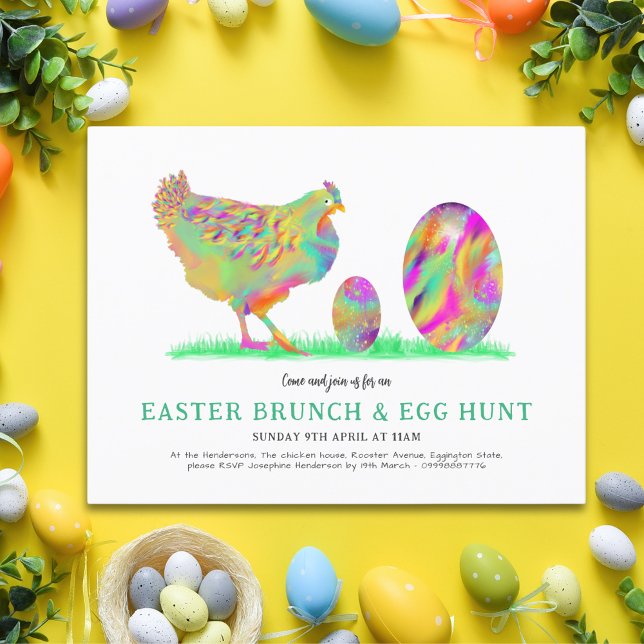 Cartão Postal De Convite Caça aos Ovos no Brunch de Páscoa Pintura em Aquar (Easter brunch and egg hunt invitation colorful cute chicken and eggs art)