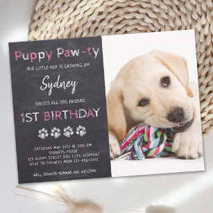 Cartão Postal De Convite Cachorro Pawty Pawty Chalkboard Pink Aniversário
