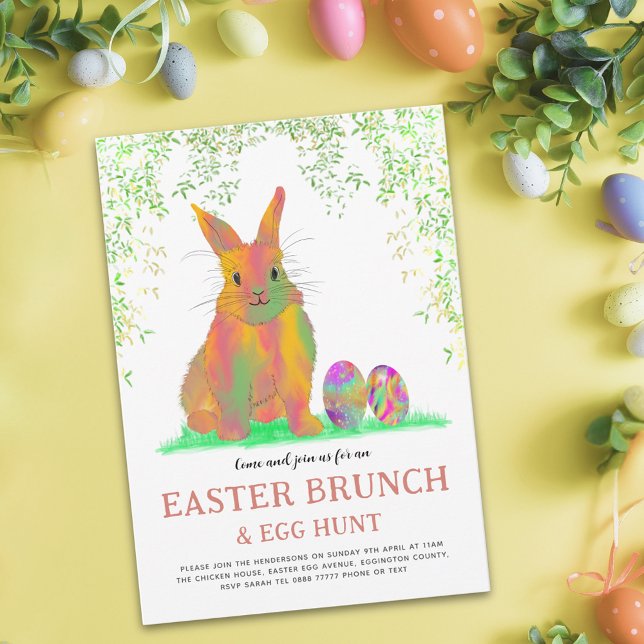 Cartão Postal De Convite Café da Manhã de Caça aos Ovos de Páscoa Bunny & O (Easter egg hunt spring brunch watercolor cute bunny and eggs garden party postcard invitation)