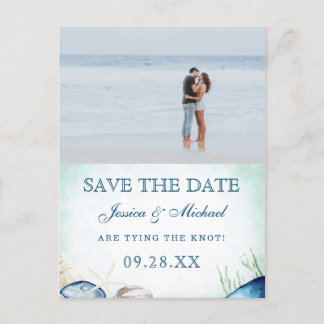 Cartão Postal De Convite Caligrafia de Praia em Aquarela Foto Save The Date