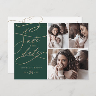 Cartão Postal De Convite Caligrafia Romântica Verde 3 Foto Salvar Data