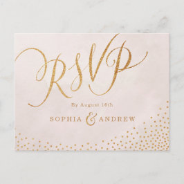 Cartão Postal De Convite Caligrafia rosa dourada com brilho moderno RSVP