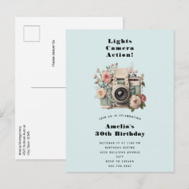 Cartão Postal De Convite Câmera com Imagem Retro Pastel de Flores Aniversár