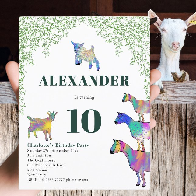 Cartão Postal De Convite Caprinos - Festa de aniversário (Goat themed 10th birthday party invitation colorful farm animal watercolor art)