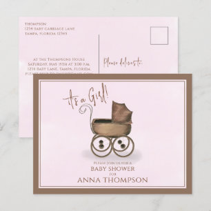 Cartão Postal De Convite Carrinho de Bebê Vintage Menina Rosa Fofo Clássico