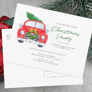 Cartão Postal De Convite Carro Vermelho Antigo com Árvore de Natal Festa em