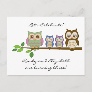 Cartão Postal De Convite Cartão de Aniversário do Owl Twins