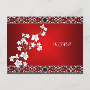 Cartão Postal De Convite Cartão de Resposta Asiático Vermelho Preto Floral 